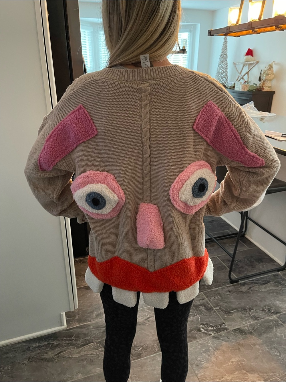 Whimsical Beige Novelty Face Knit Jacket with Pink Accents